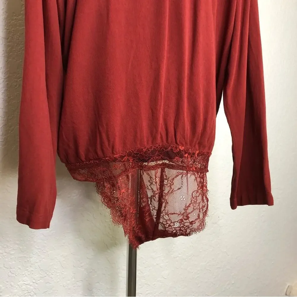 Intimately Free People Elsa rust red plunge wrap lace bottom bodysuit size Large